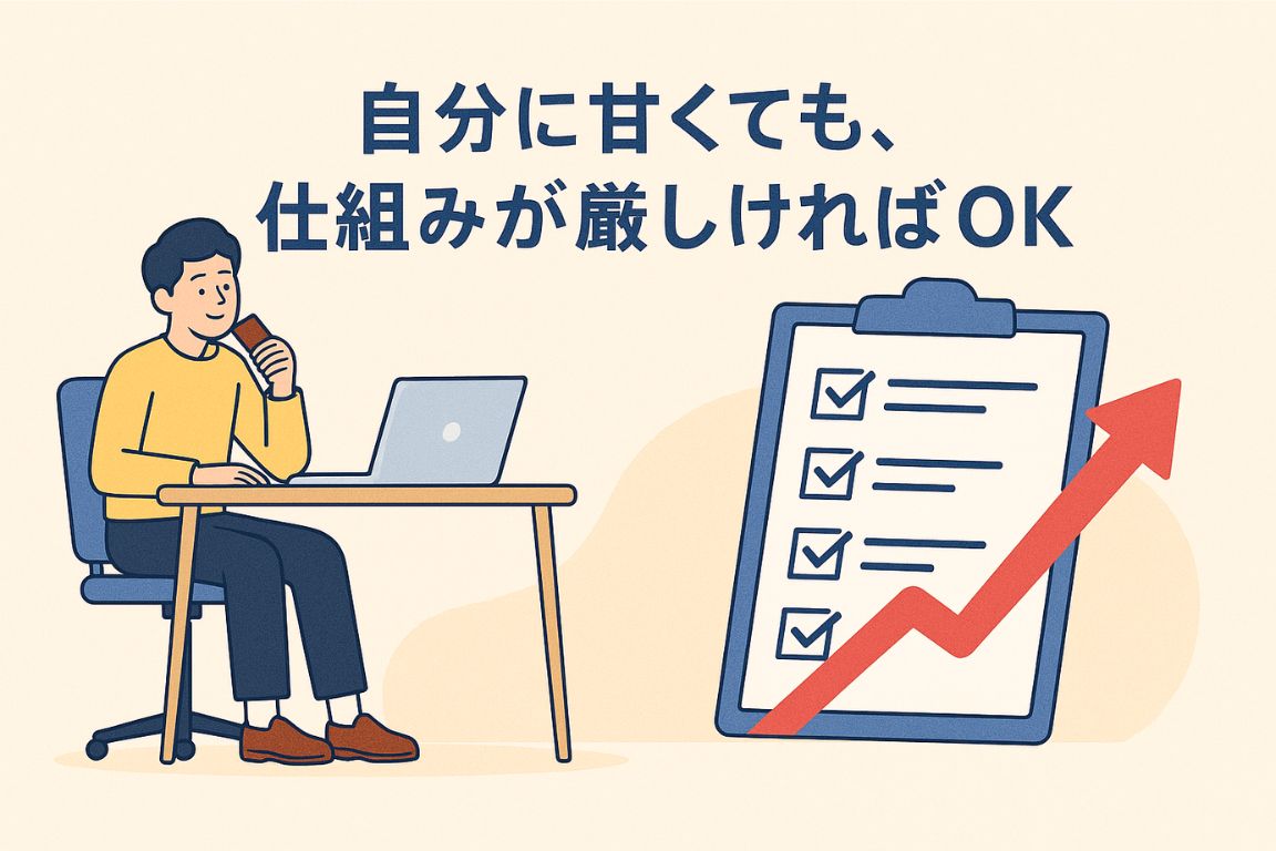 チョコを食べながら働く男性とチェックリスト、矢印と「自分に甘くても、仕組みが厳しければOK」の文字