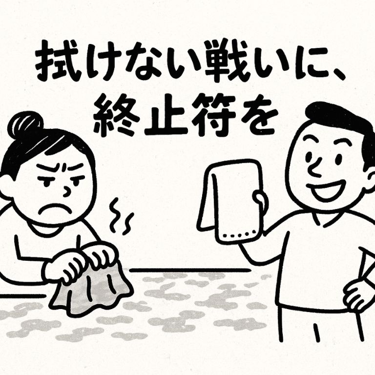 ザラザラした玄関タイルを雑巾で拭いて苦戦する女性と、マイクロファイバータオルを得意げに持つ男性のへたうまイラスト。「拭けない戦いに、終止符を。」というキャッチコピー入り。