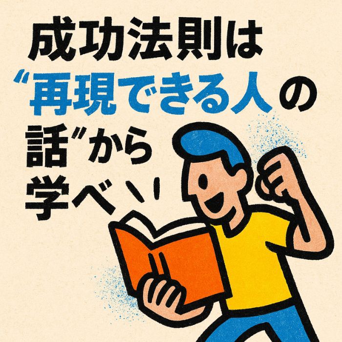 本を読みながら拳を握る男性のイラスト。「成功法則は“再現できる人の話”から学べ」というメッセージが添えられた、勢いのある手描き風デザイン。