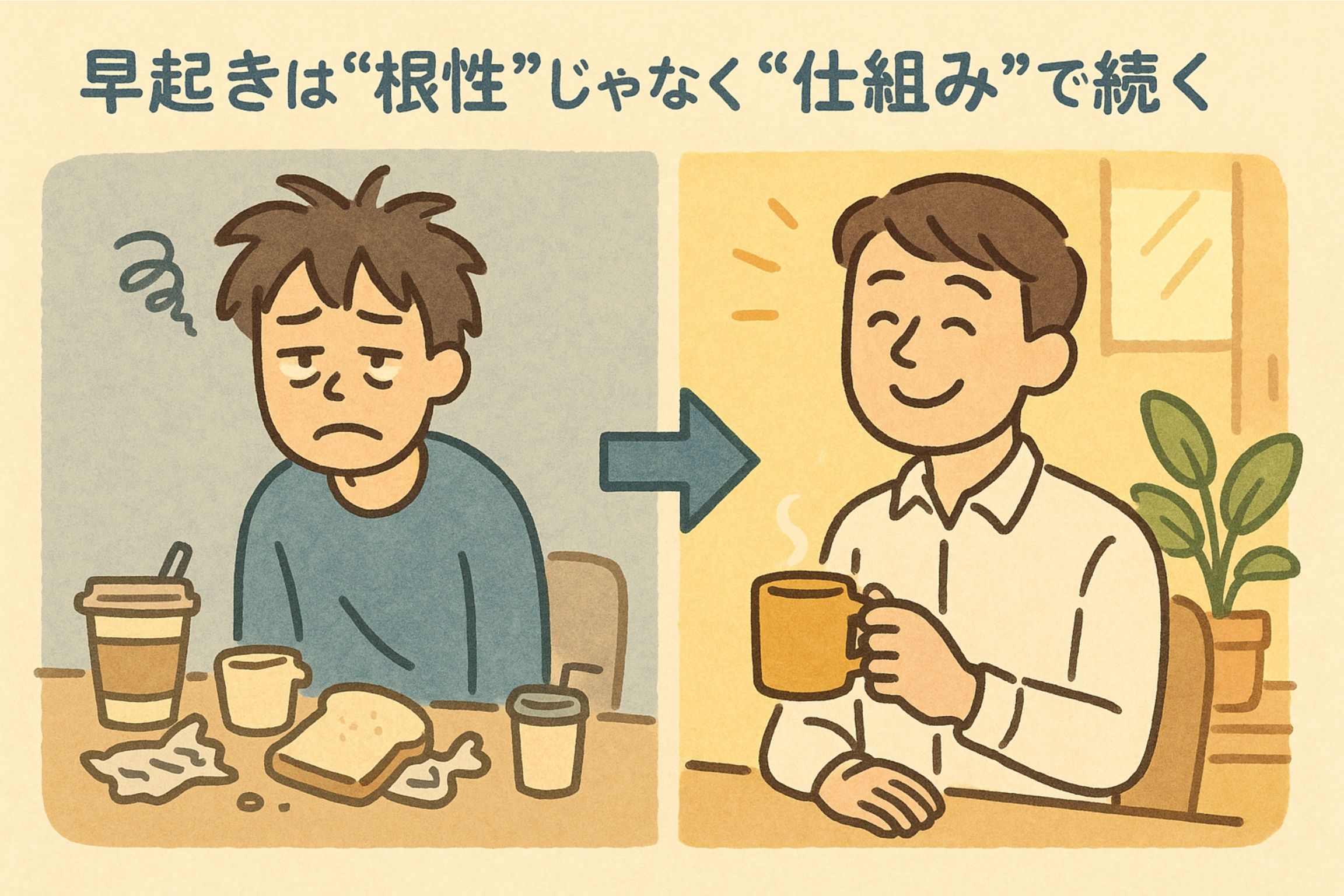 早起き習慣のビフォーアフター。仕組みで変わる朝の過ごし方の変化を描いたイラスト