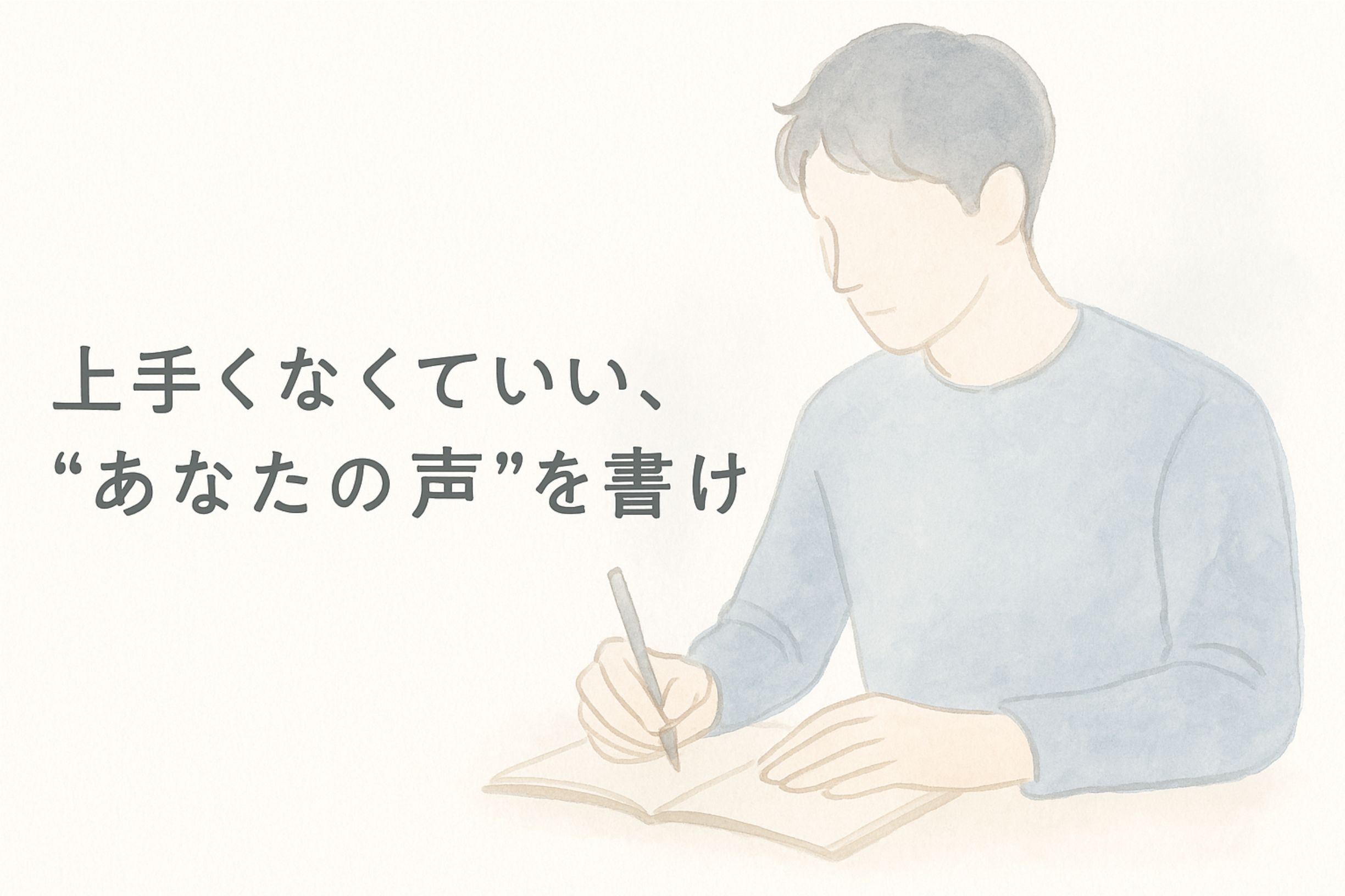 淡い水彩風で描かれた男性が筆で書いているイラスト。「上手くなくていい、“あなたの声”を書け」の文字入り