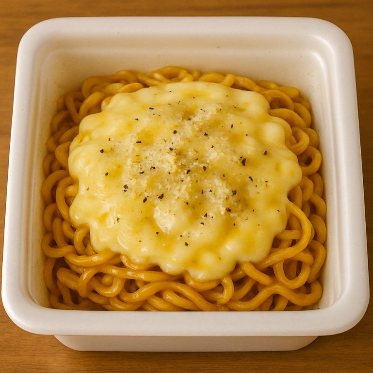 とろけるチーズと黒こしょうをのせたカップ焼きそばのアレンジレシピ