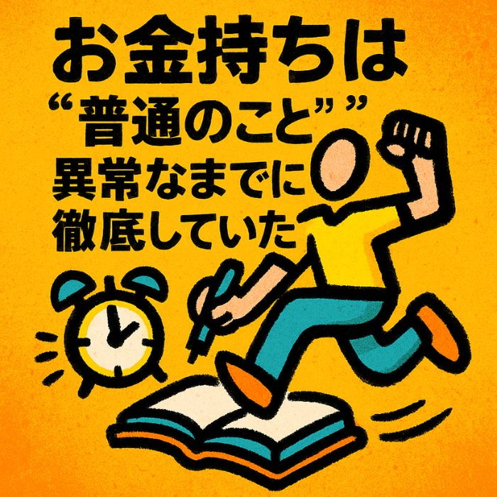 目覚まし時計と本の上で行動する人物のイラスト。「お金持ちは“普通のこと”を異常なまでに徹底していた」というメッセージを強調した、ポップで手描き風のビジネス系モチベーション画像。