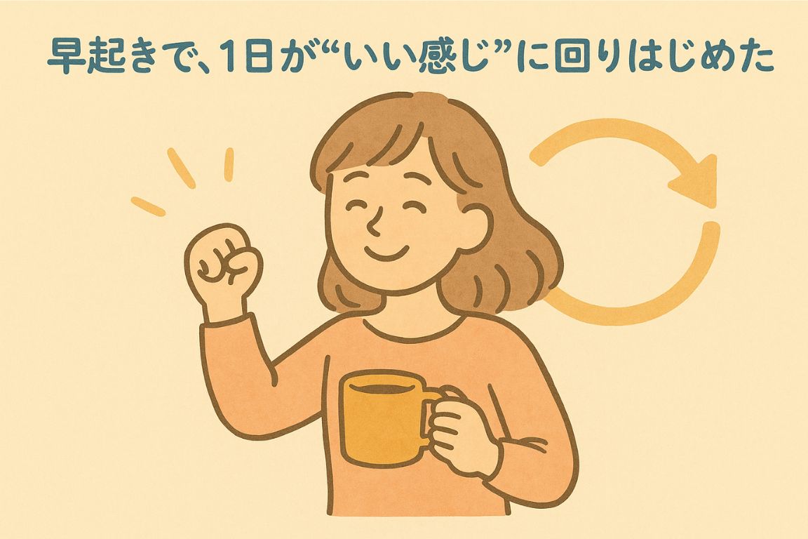 早起きで気持ちに余裕が生まれた女性の笑顔イラスト|習慣が好循環を生む朝の風景