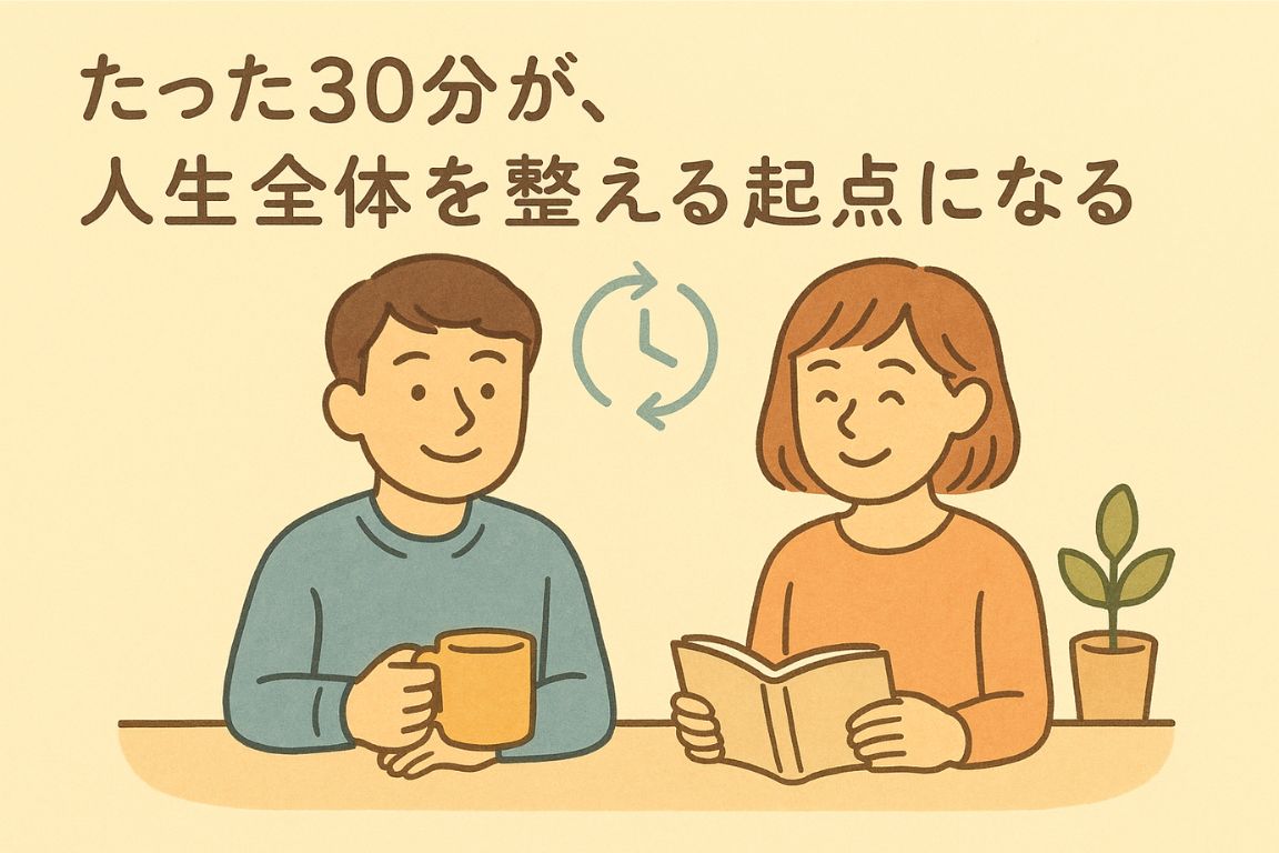 朝の30分で人生が整い始める様子を描いた男女のイラスト|早起き習慣のきっかけに