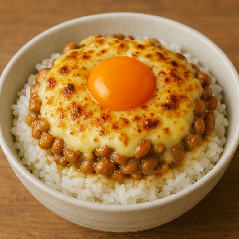 納豆チーズと卵黄をのせたジャンキーなご飯アレンジ