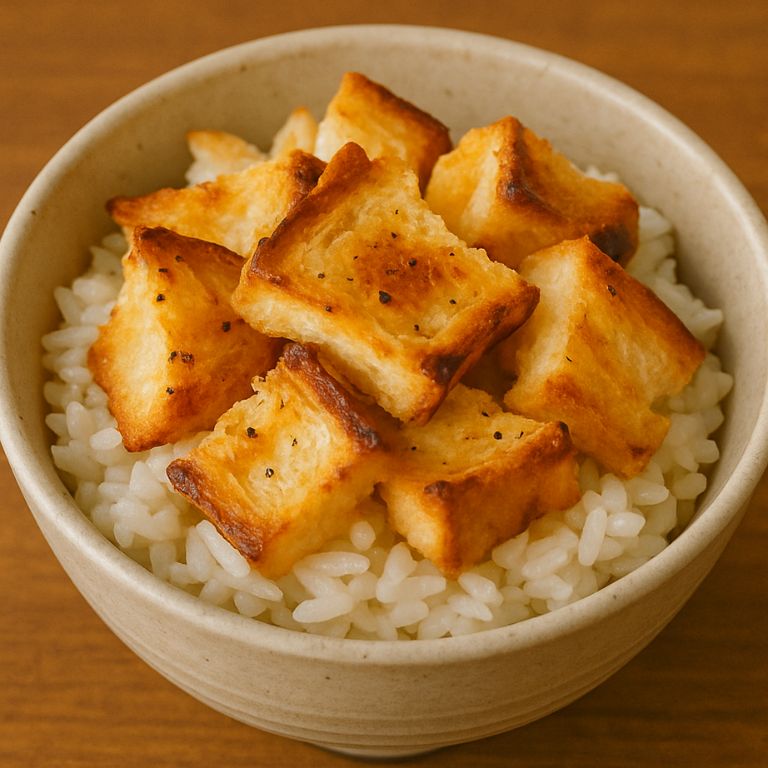 焼いたガーリックトーストをちぎって白ごはんにのせたアレンジ丼