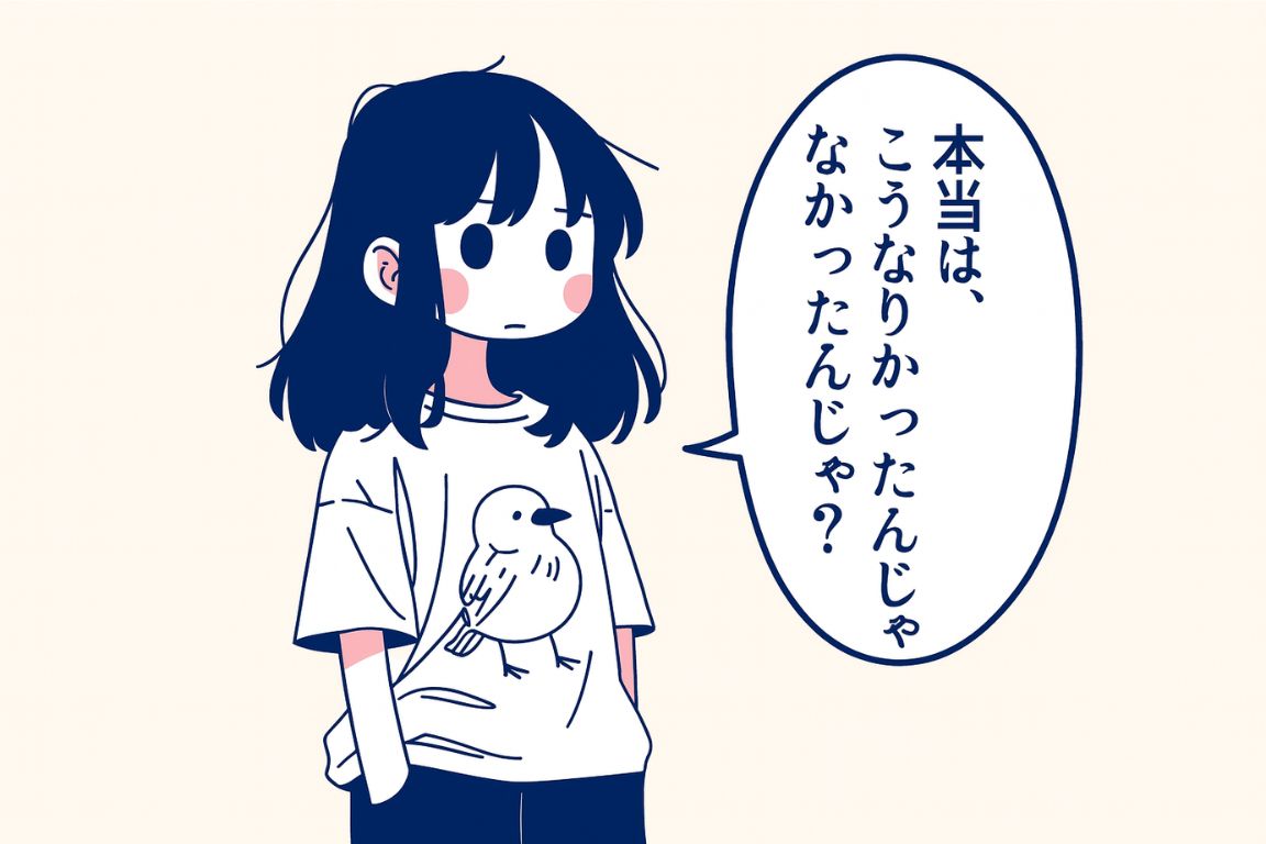 鏡に映る自分と向き合い「本当はこうなりたかったんじゃないか」と問いかける少女のイラスト。人生の停滞や違和感に悩む人に向けた漫画風のビジュアル