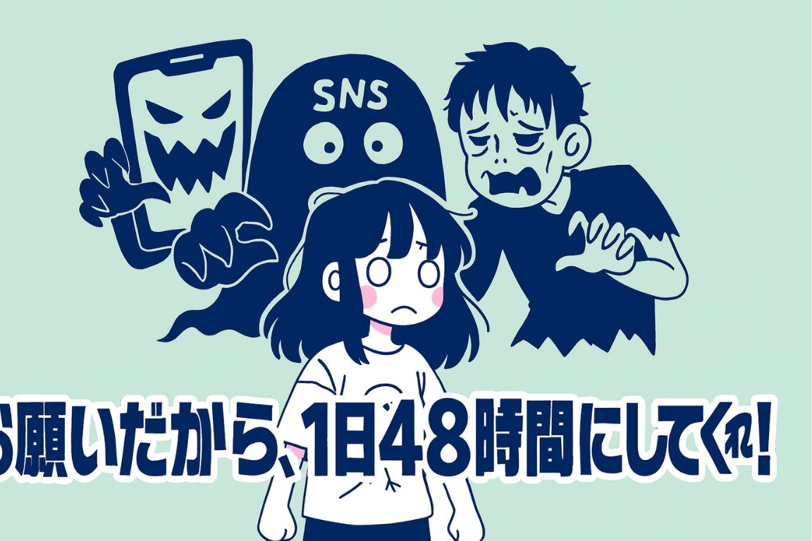 SNSやスマホ、残業を擬人化したモンスターに追われる女の子が『お願いだから、1日48時間にしてくれ！』と叫ぶイラスト。現代人の時間不足とストレスをユーモラスに表現したアイキャッチ画像