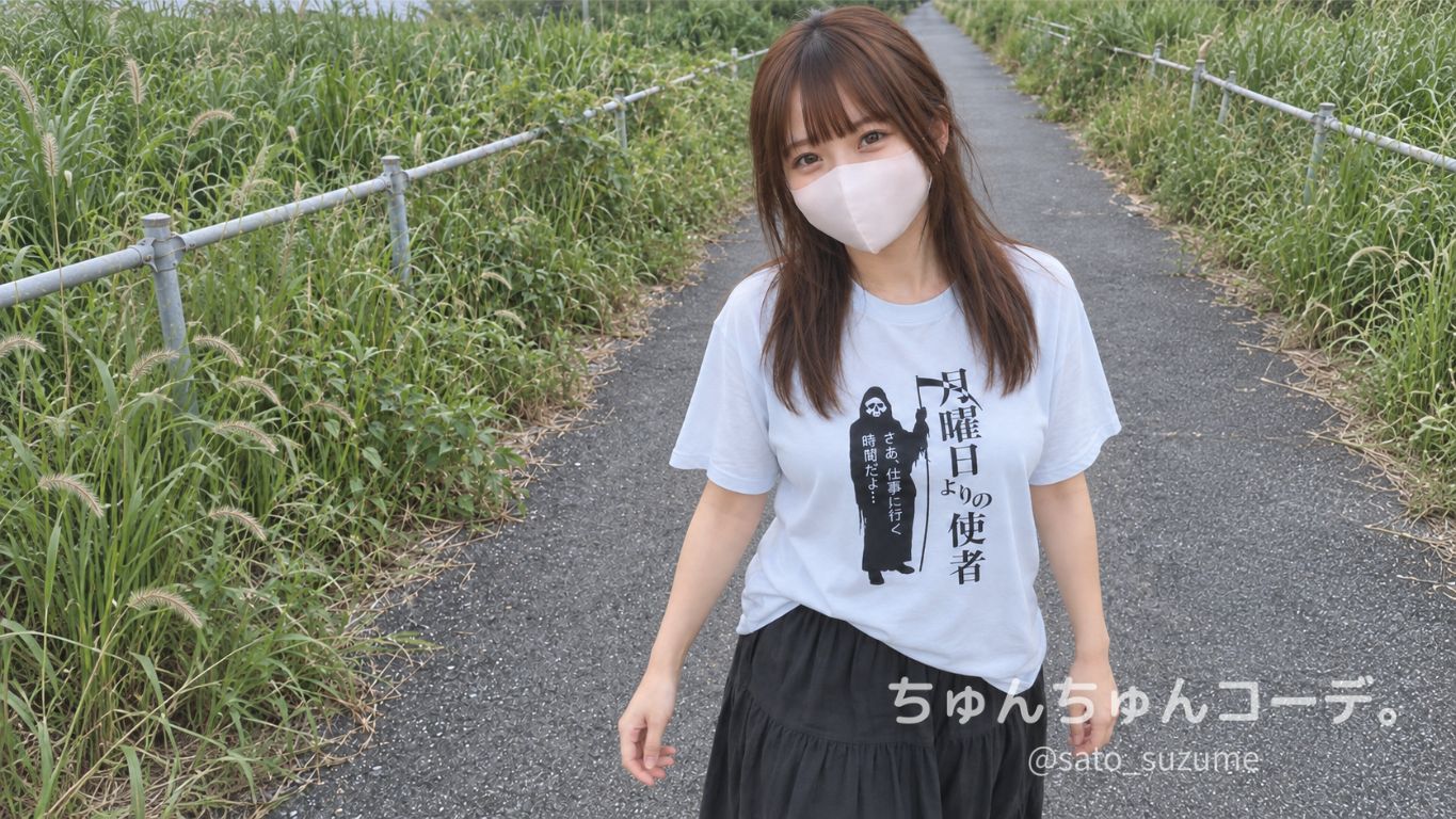 「月曜日よりの使者」と死神がプリントされた水色Tシャツを着て田舎道に立つ女性