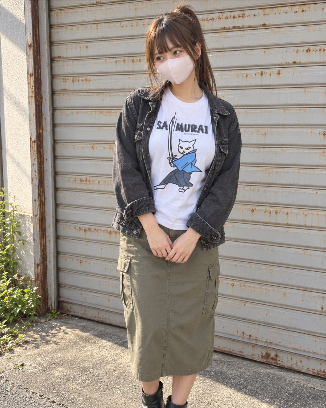SAMURAI猫Tシャツにブラックデニムジャケットとカーキのカーゴスカートを合わせたコーデ全身