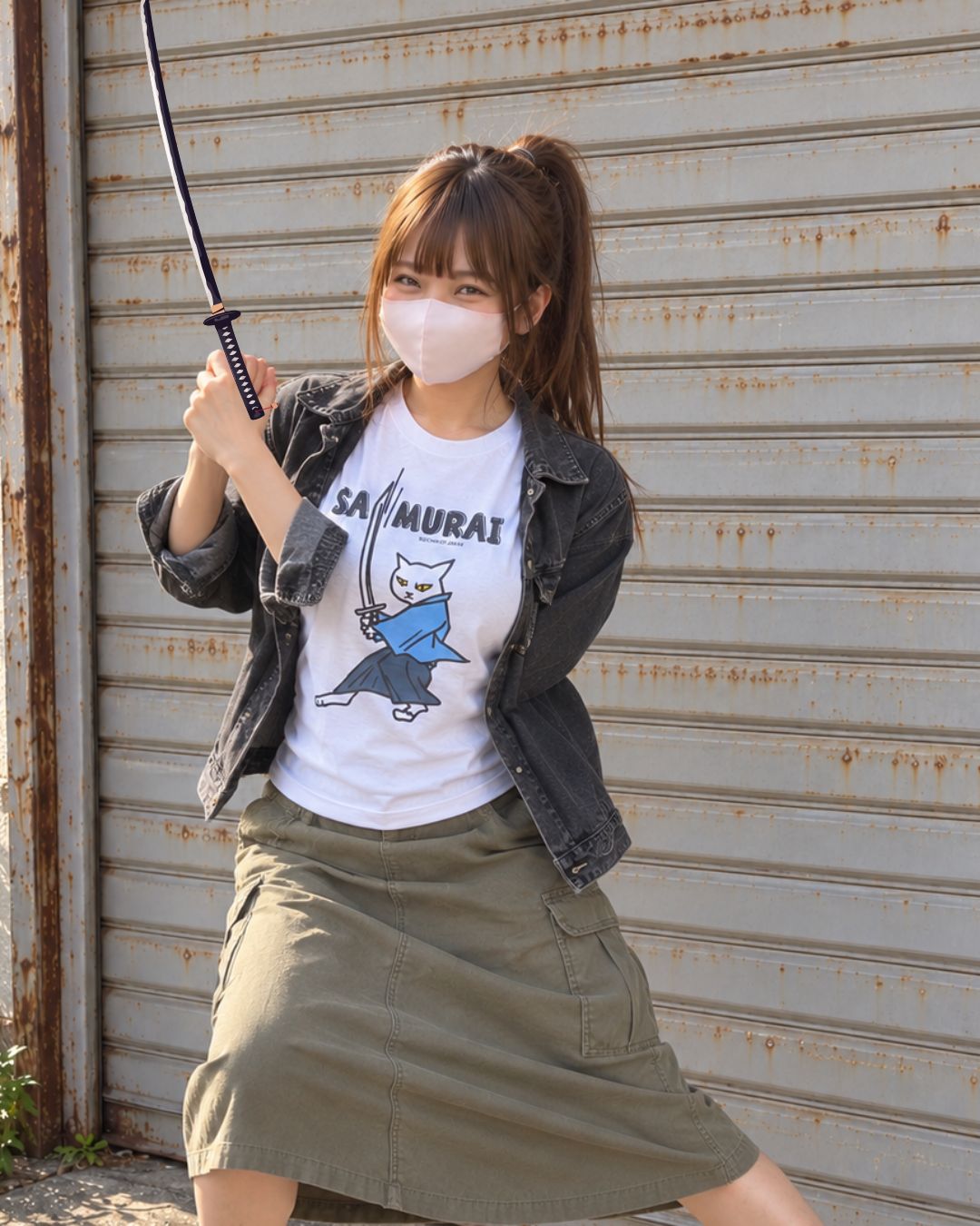 SAMURAI猫Tシャツを着て刀を構えるポーズをとる女性（全身コーデ）